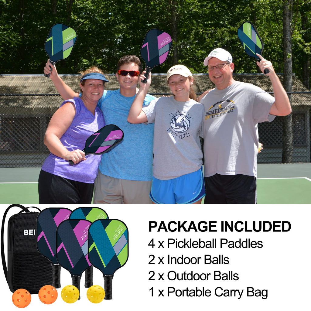 Ultimate 4-Pack Fiberglass Pickleball Set - Complete with Paddles, Balls & Convenient Carry Bag for Endless Indoor/Outdoor Fun!